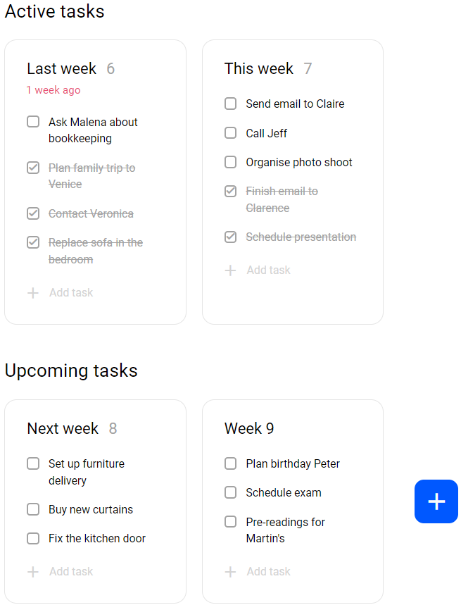 Weekly task lists screenshot